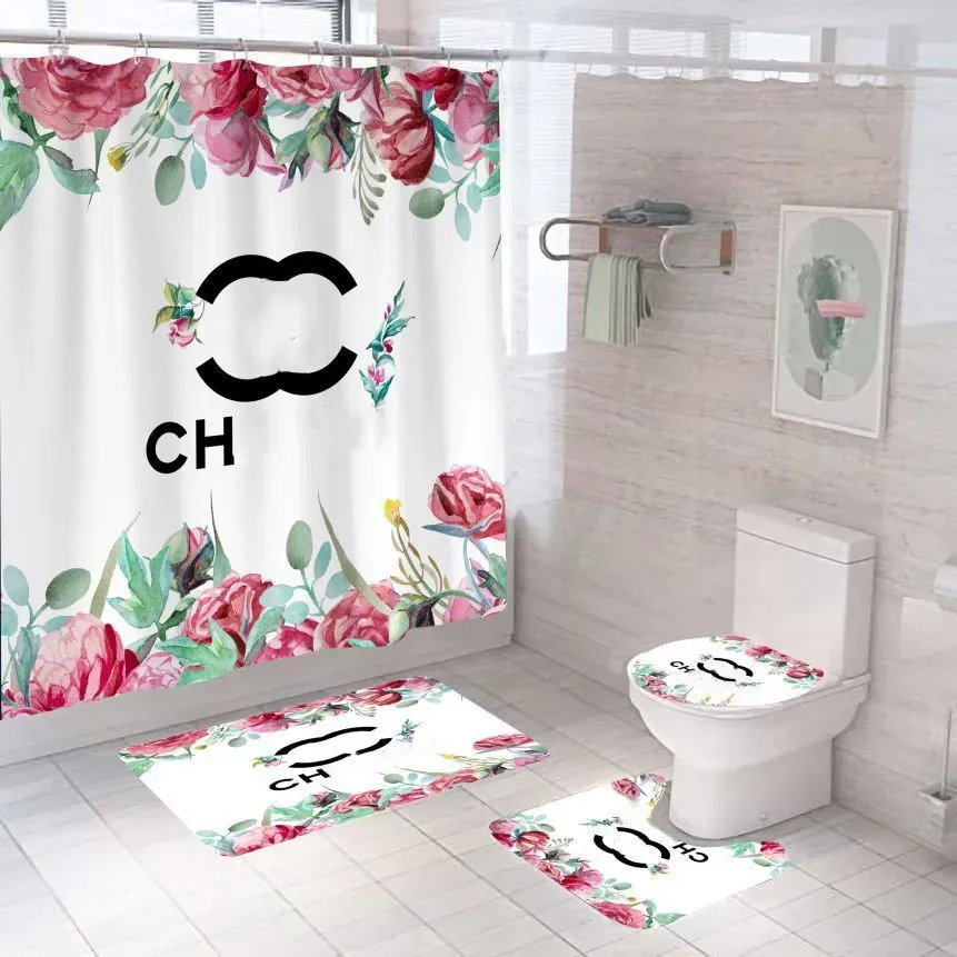 Designer Bathroom Curtain Classic Logo Printed Bathroom Curtain Floor Mat Set of Four Pieces Bathroom Toilet Mat home decoration