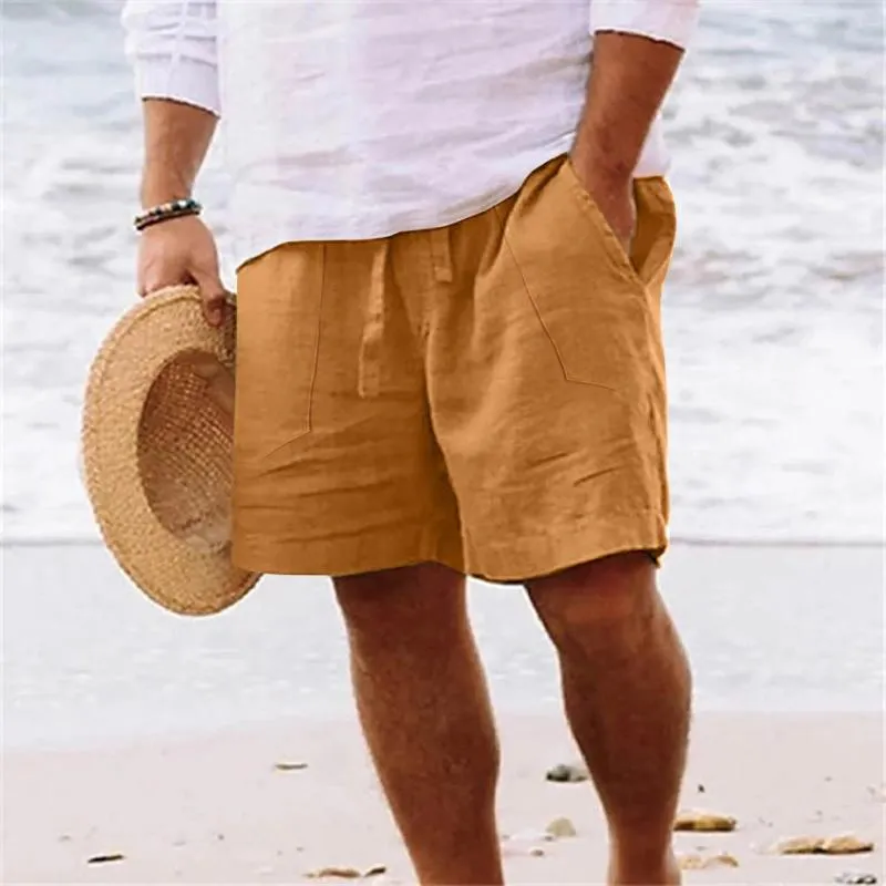 Men's breathable cotton linen drawstring casual shorts best sale