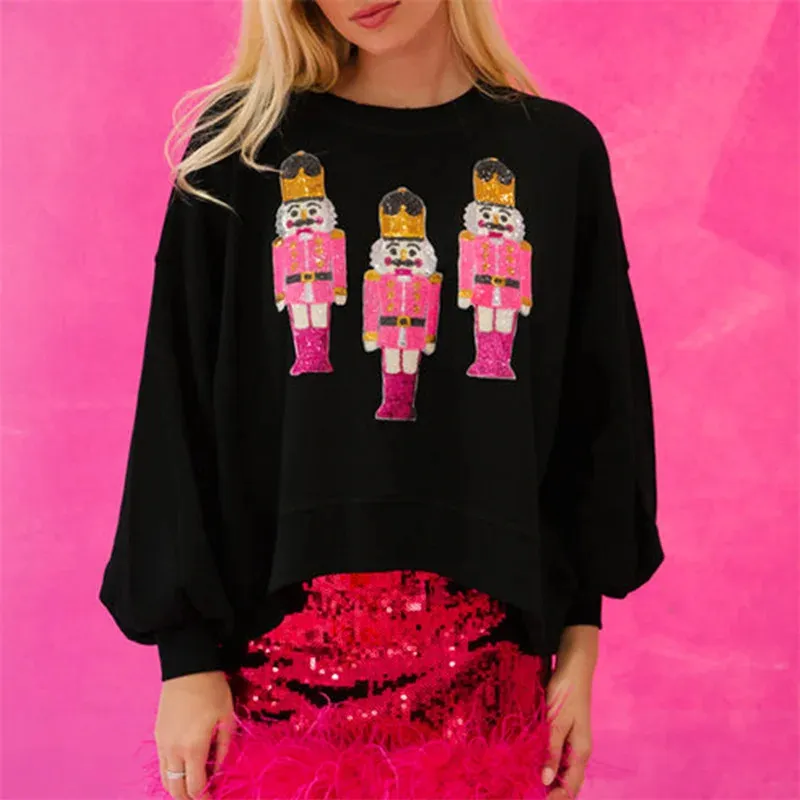 Sweat-shirt de casse-noix pour les femmes à paillettes à paillettes Round manches à capuche à capuche à manches longues Tops de fête de Noël Streetwear 240516