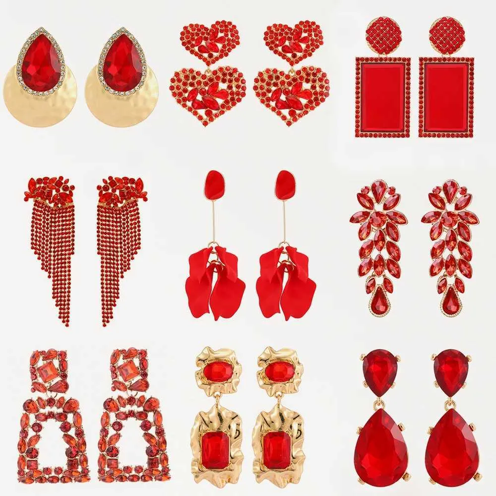 Dangle Chandelier Womens Red Pendant Earrings 2024 Trend Luxury Design Flower Cross Geometric Earring Accessories Crystal Jewelry d240516
