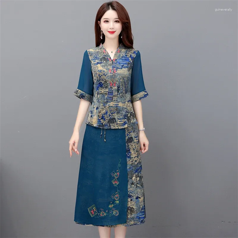 Trabalho vestidos de traje bordado chineses femininos saia de blusa de tamanho grande de tamanho médio de tamanho grande verão de verão doce