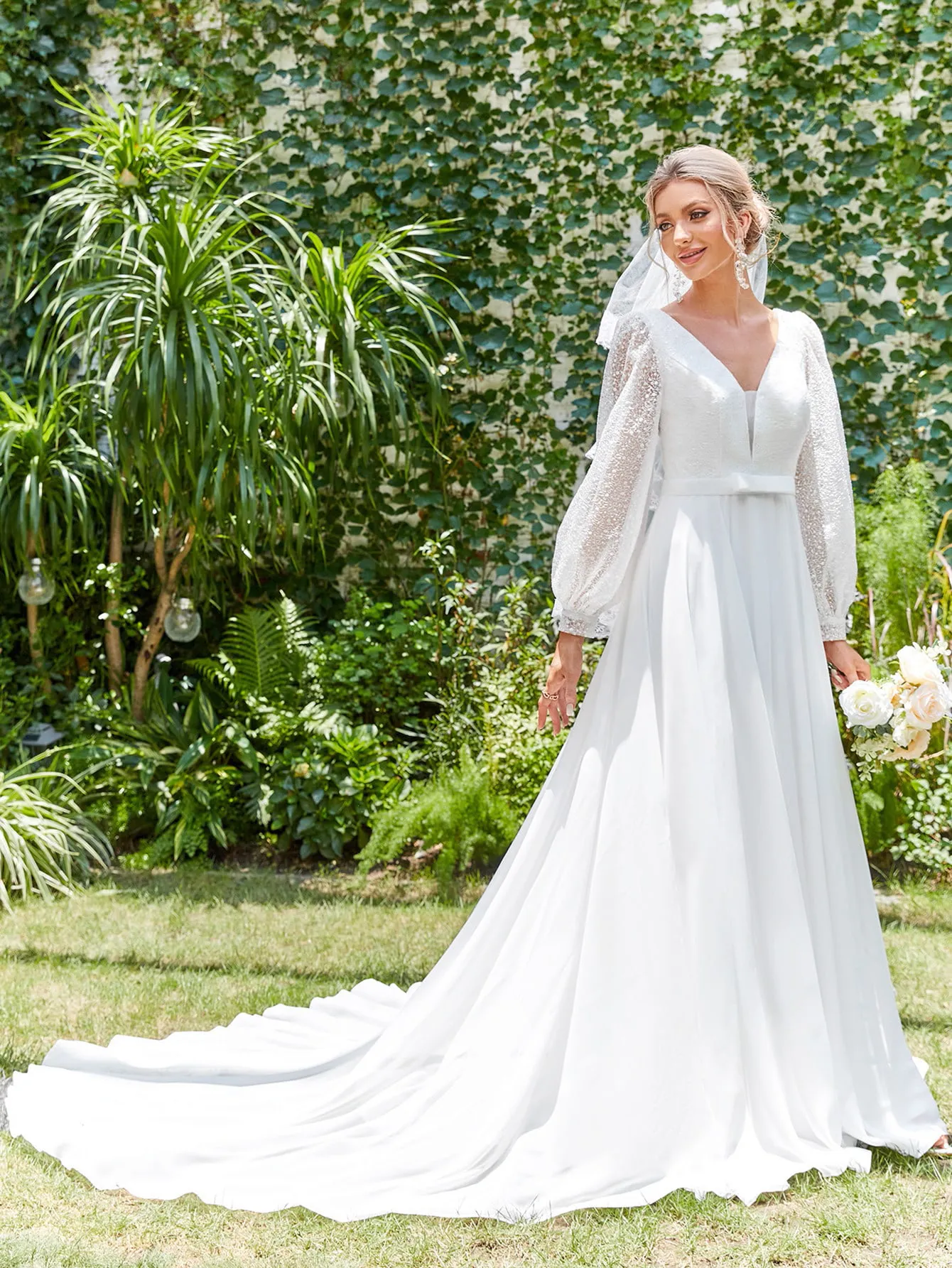 Vintage V Neck Long Sleeve Garden Wedding Dresses A Line Bridal
