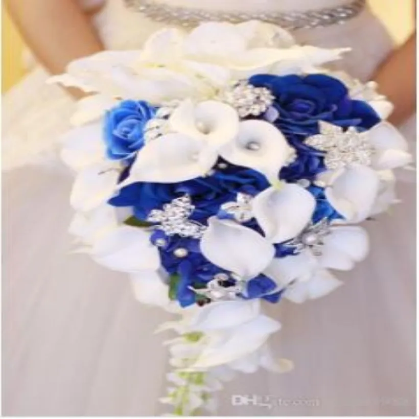 2018 High Set White Calla Lily Blue Rose Hortangea Diy Pearl Crystal Brosch Waterfall Wedding Bridal Bouquet 229b
