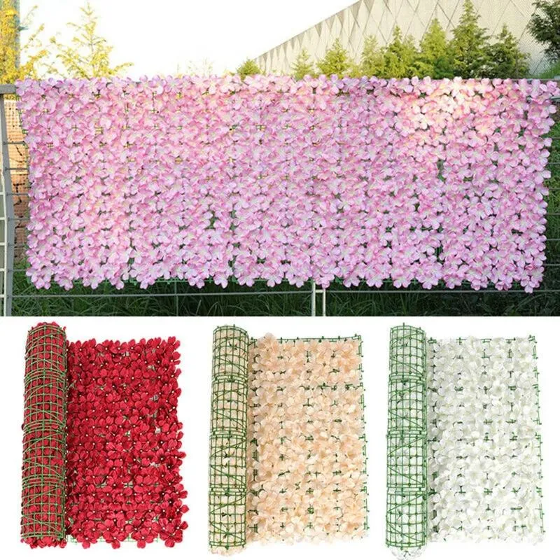 Fleurs décoratives 1pc Fleur artificielle Cherry Blossom Feuille de feuilles Clôture Clôture Fausse haie pour le jardin de fête de mariage Décoration de l'extérieur 1M