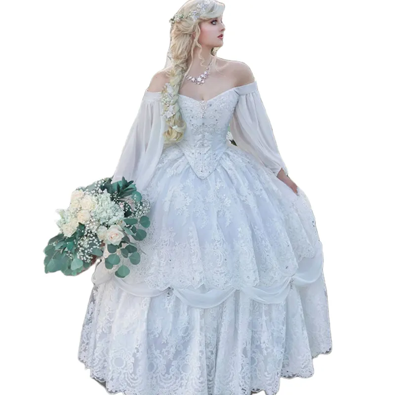 Gothic Victorian Corset Wedding Dress Costume Gown Medieval Wedding Clothes  Vintage Victorian Lace Ball Gown Wedding Dress Ivory Off Shoulder Long