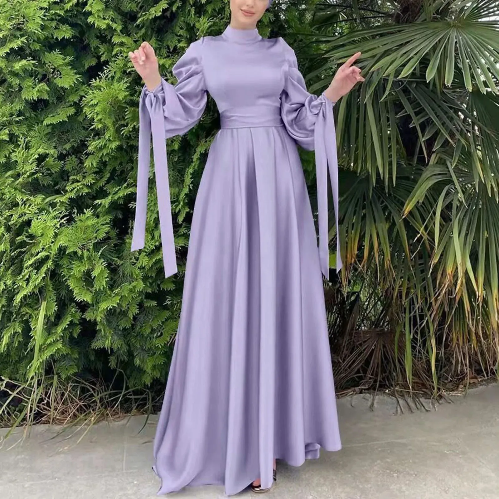 Islamic Satin Purple Maxi Dress With Balloon Sleeves And Ribbon