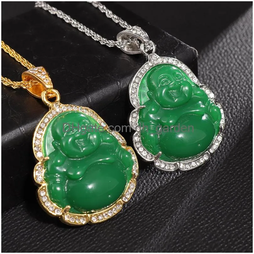 DHgate Maitreya Buddha Pendant Necklace Green Zircon Inlaid Imitation Natural Stone Womens Jewelry Jewelry