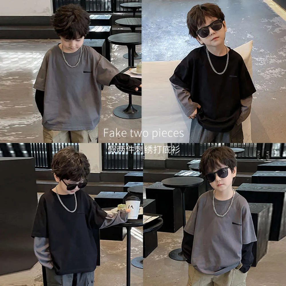 Tongku 2024 Children's Spring New Handsome Baby Top Korean Edition Small Fish Embroidery Fake Two Pieces Boys T-shirt Trendy