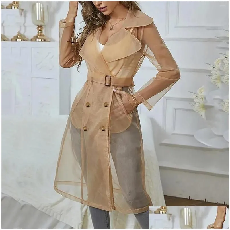 DHgate.com:Organza Long Sleeve Trench Coat with Belt for Women 