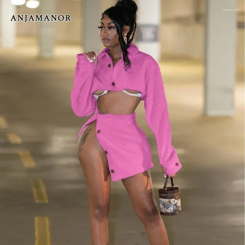 Robes de travail anjamanor veste en toison rose et mini jupe à fente de deux pièces femmes hiver tenues streetwear modes de match d48-dh38