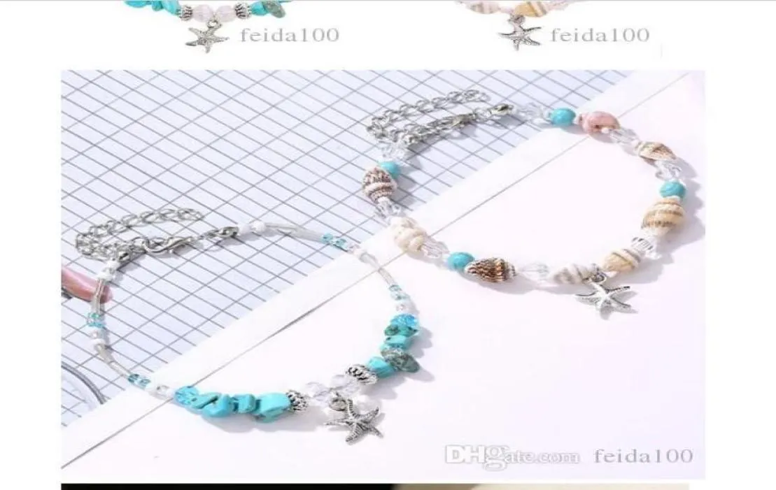 Shell bracelet Crossborder Fashion Seashell Starfish Bracelet Turquoise Conch Beads Handdecorated Beach Footchain WL8805346523