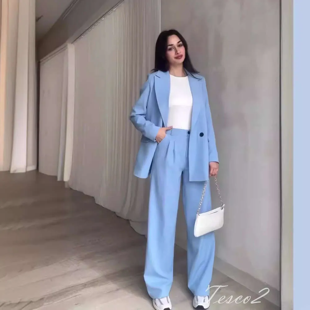 DHgate Womens Sky Blue Casual Suit Blazer Wide Leg Pants Set for Spring Summer Office Apparel