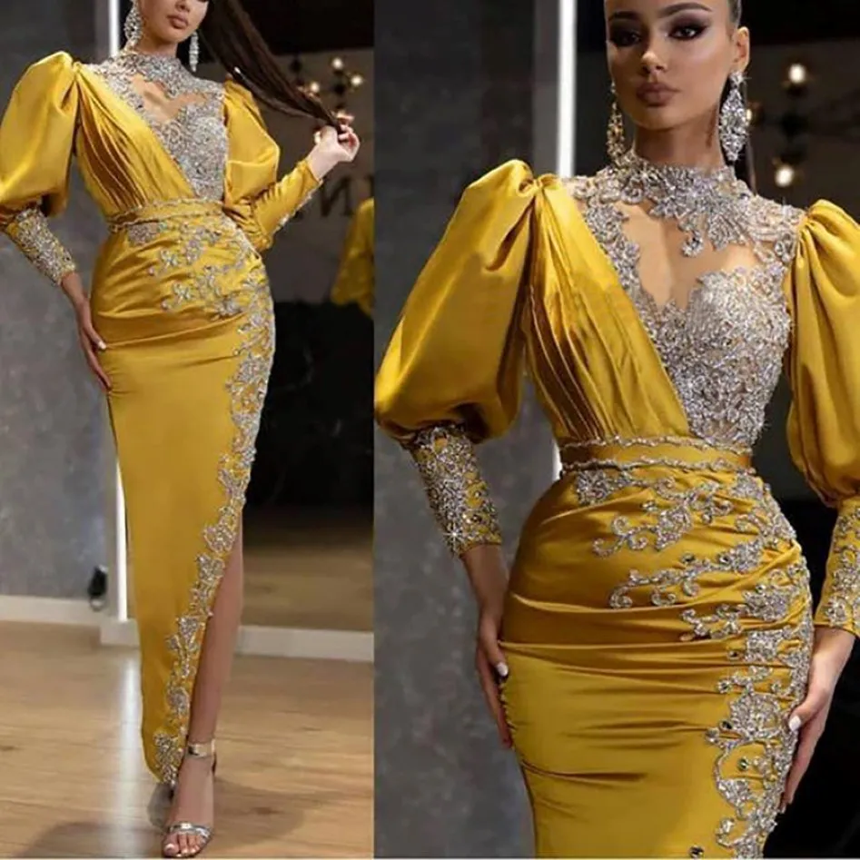 Ankle-length Arabic Evening Formal Dresses 2021 Sparkly Crystal Beaded Lace High Neck Long Sleeve Sexy Slit Occasion Prom Dress 276l