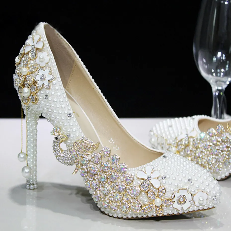 Luxury Pearl Sparkling Glass Bridal Shoes High Heel Shoes For Wedding ...