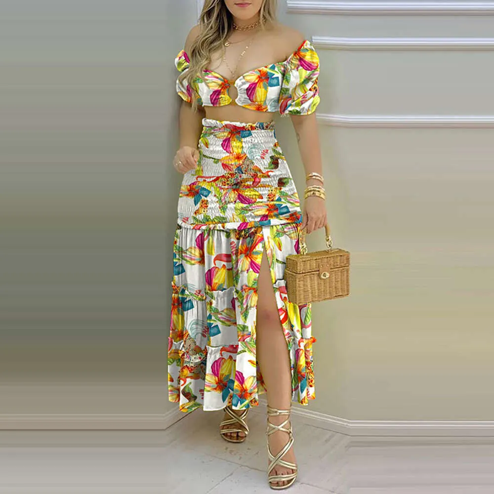 Stylish One Shoulder Printed Split mini skirt Two Piece Set