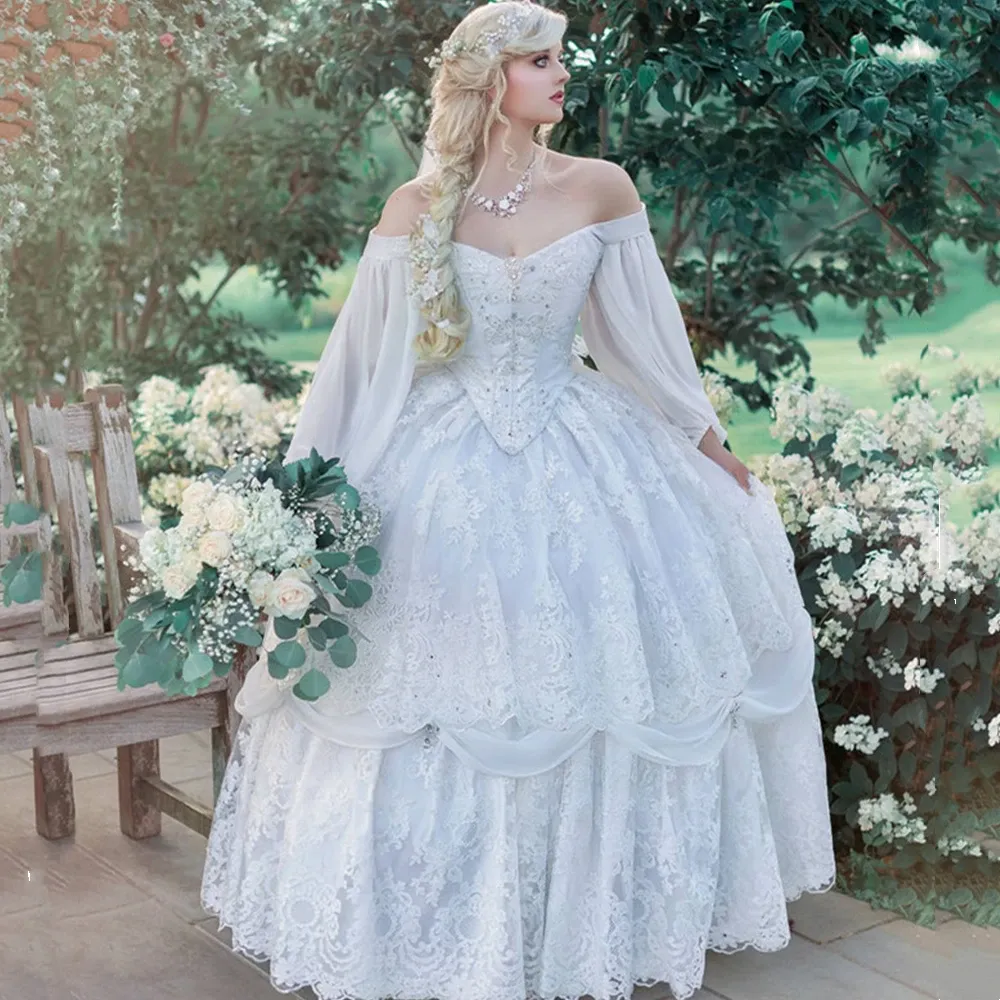Vintage Victorian Lace Ball Gown Wedding Dresses for Women Ivory White Floor Length Off Shoulder Long Sleeves Gothic Medieval Bride Dress Robe 2024