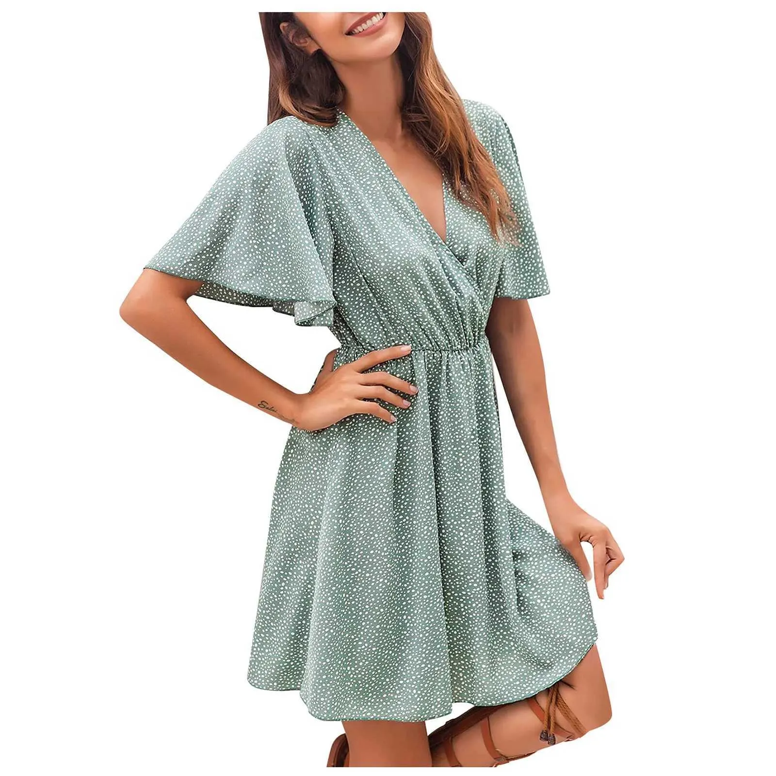 Basic Casual Dresses Women Vintage Ruffles Slve Dresses Summer Polka Dot Printed V-Neck Sexy Mini Dress Ladies Casual Beach Party Dresses Y240515