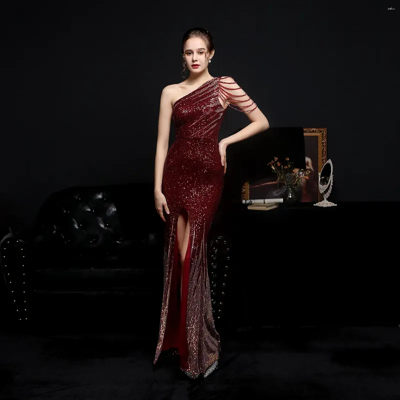 Party Dresses Exquisite Wine Red Mermaid Plus Size Evening Dress One Shoulder High Split Shiny Beading Sequined Long Formal Occasion Gowns