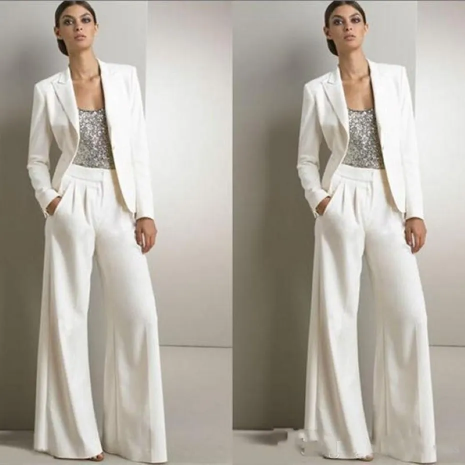 Nya moderna vita två stycken Mor till bruden byxa passar bröllopsgästklänning plus storlek på kvällsklänningar med jackor 271i
