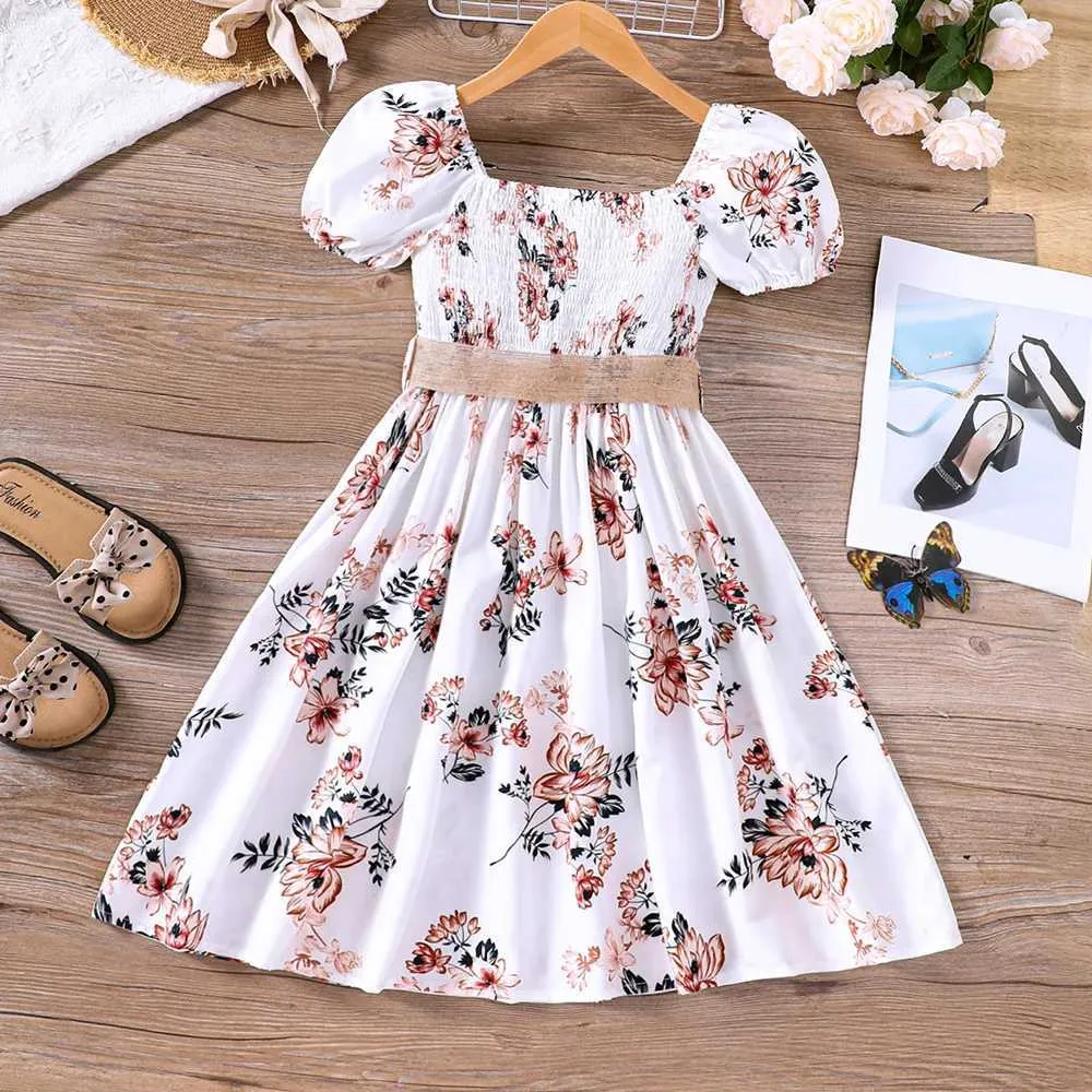 Girls' Floral Summer Dress with Woven Belt: Romantic Countryside Style for  Middle School Girls