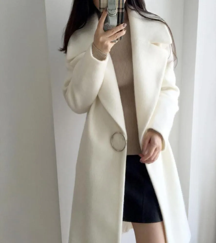 Women White Wool Coat Button Fingle Single Sleeve Long Disual Woolen Cloth Medium Length Coat Townown Collar Winter Winter Women New9569174