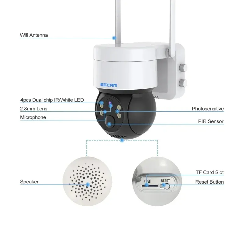 Escam 2MP 4mm PTZ WiFi IPカメラオーディオCCTV監視屋外4xデジタルズームナイトフルカラーワイヤレス防水セキュリティ