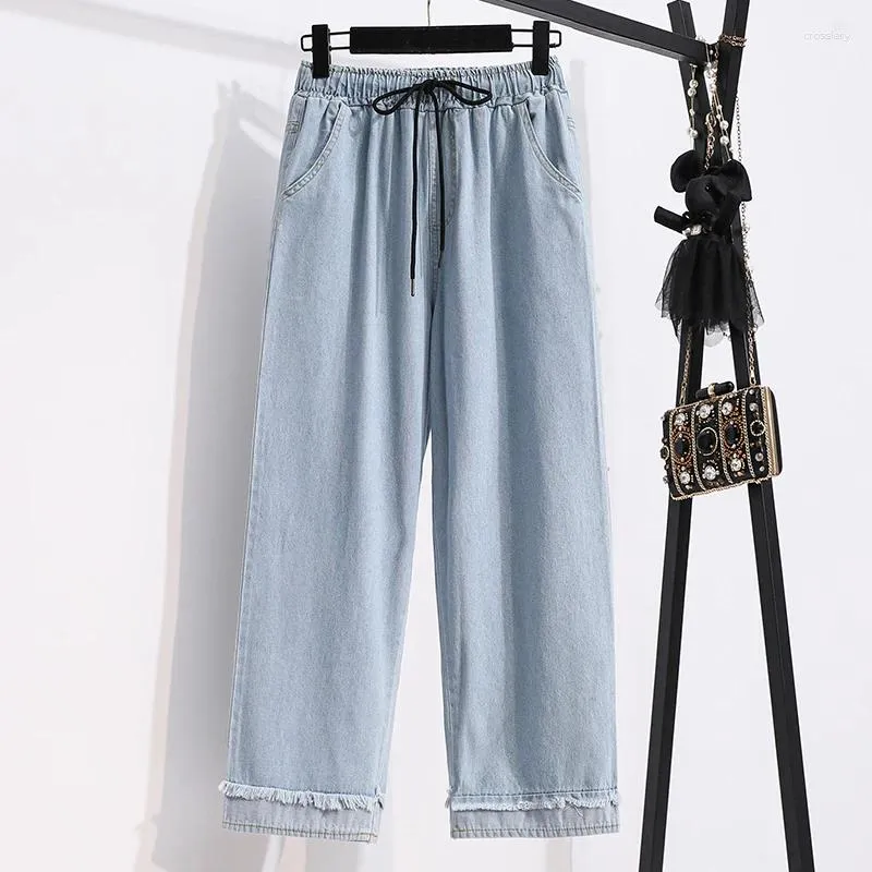 Kvinnors jeans som ritar vintage hög midja streetwear stil byxor koreanska modebrett ben denim byxor kvinnlig g214