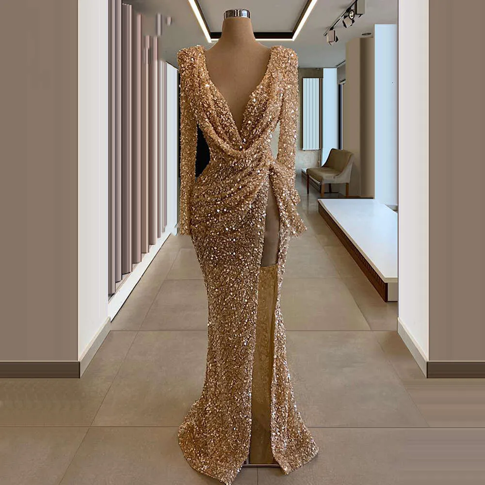 Gold Sequin Evening Gown: Shiny Beaded Formal Dress, Deep V-Neck