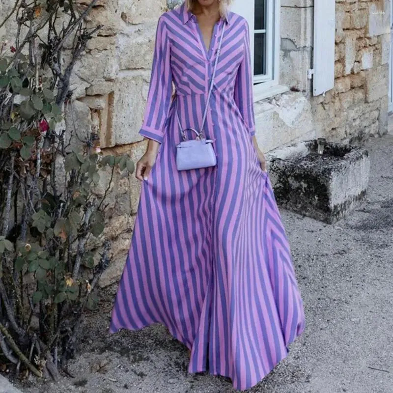 Casual Striped Print Maxi Dress for Women - Long Sleeves, A-Line, Loose Hem, Contrast Color, Single-Breasted, Spring/Fall Patchwork