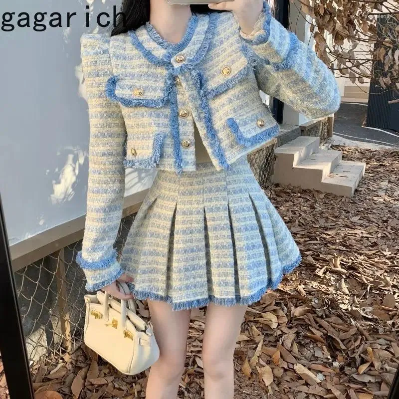 Elegant Tweed Work Dress Set Bubble Sleeve Coat Pleated Skirt