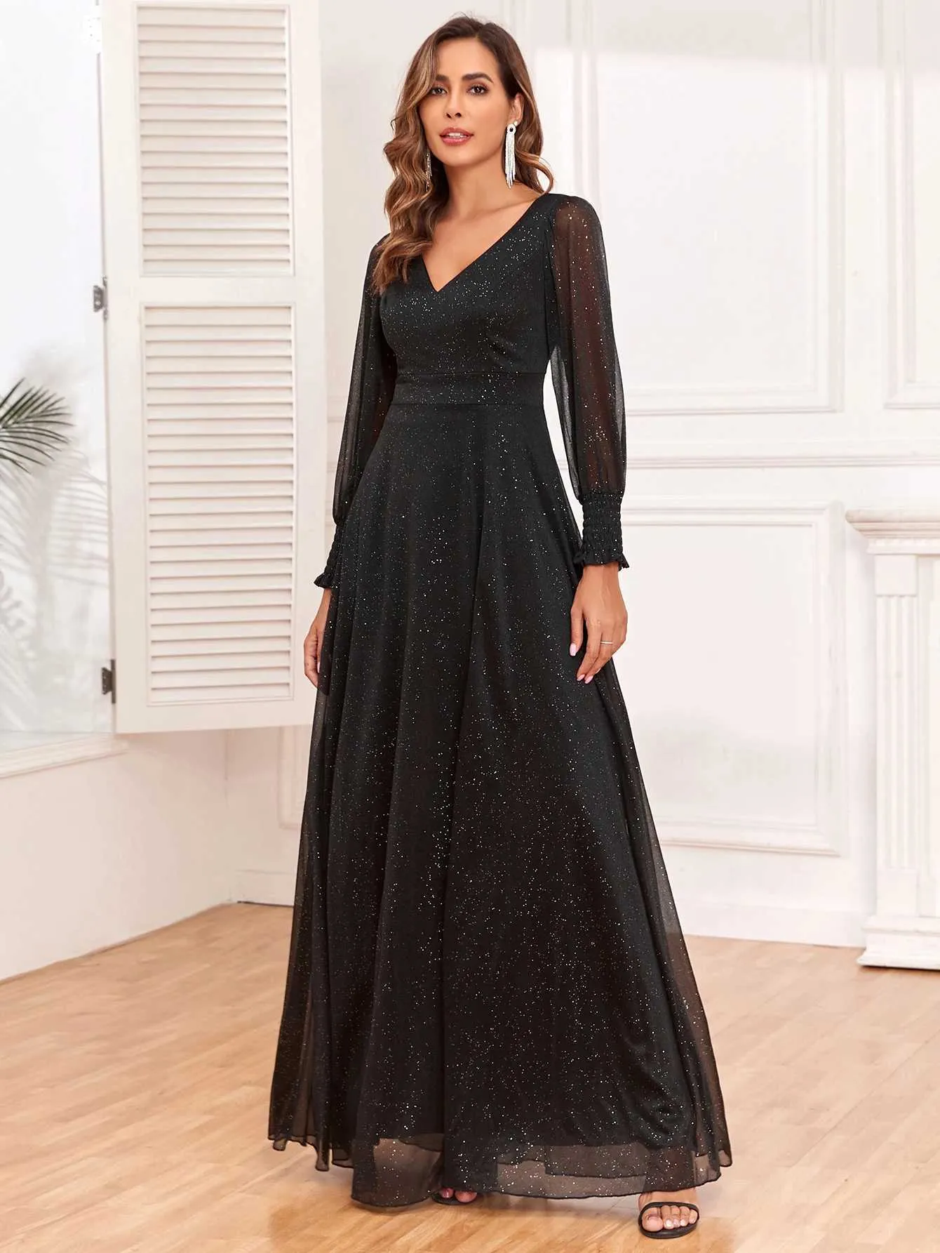 Long Sleeve Cocktail Dress with V-Neck and High Slit Big A-Line Shimmering  Full Lining Evening Dress from Dhgate Runway Dresses
