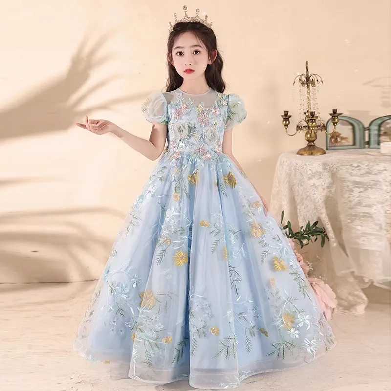 green emerald velvet dress Elegant White and Blue Floral Embroidered Long Prom Gown – FancyVestido main image 1