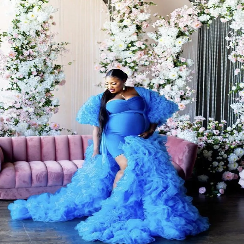 Blaues Fotografie Kleid siehe durch Abschlussballkleider mit Puff Full Sleeves Prom Kleider Rüschen Stufen schwangere Frau Lange Robe Mode 1771