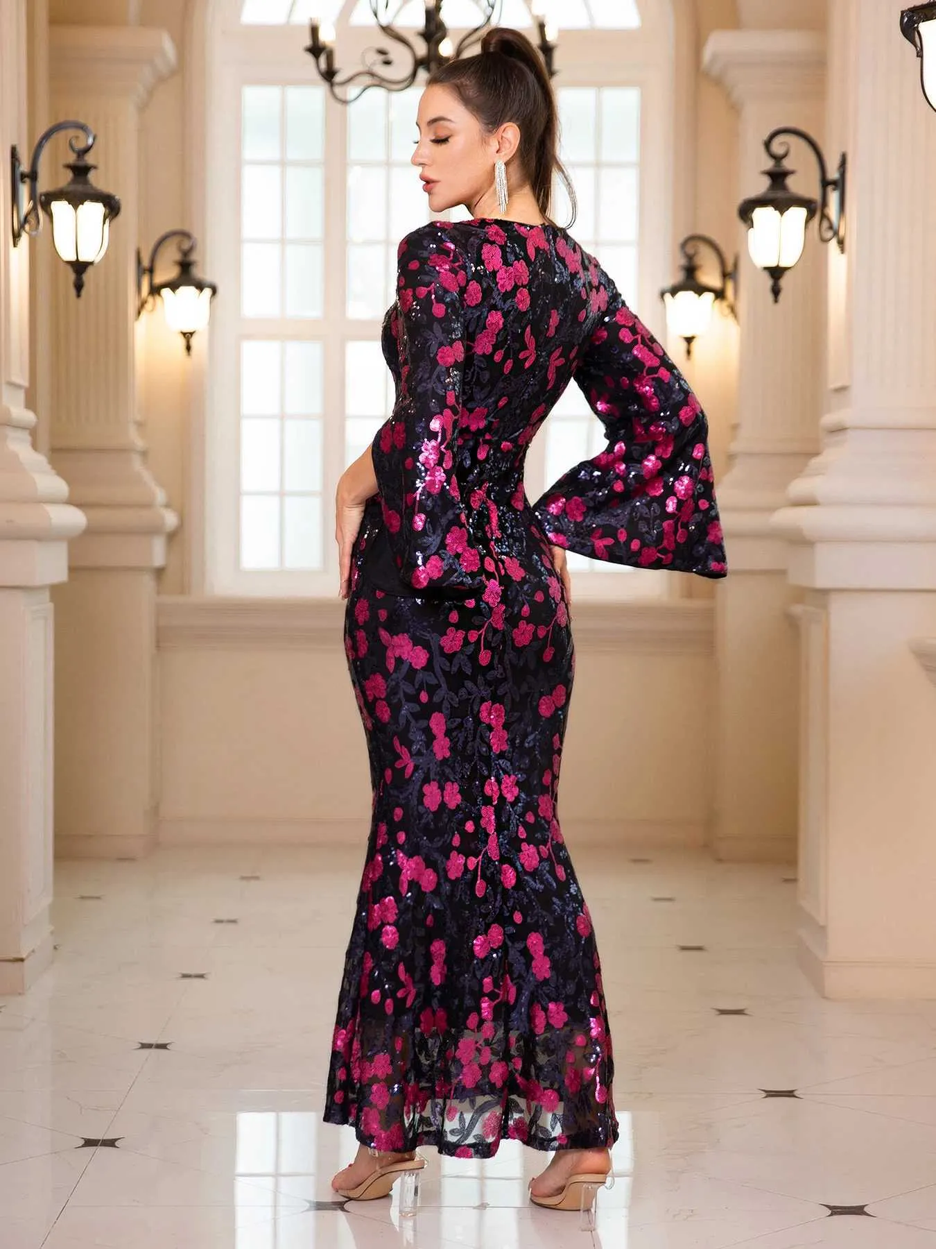 slim fit dress slacks Flare Sleeves Deep V Neck Mermaid Long Sequins Prom Dress – TANYA BRIDAL main image 1