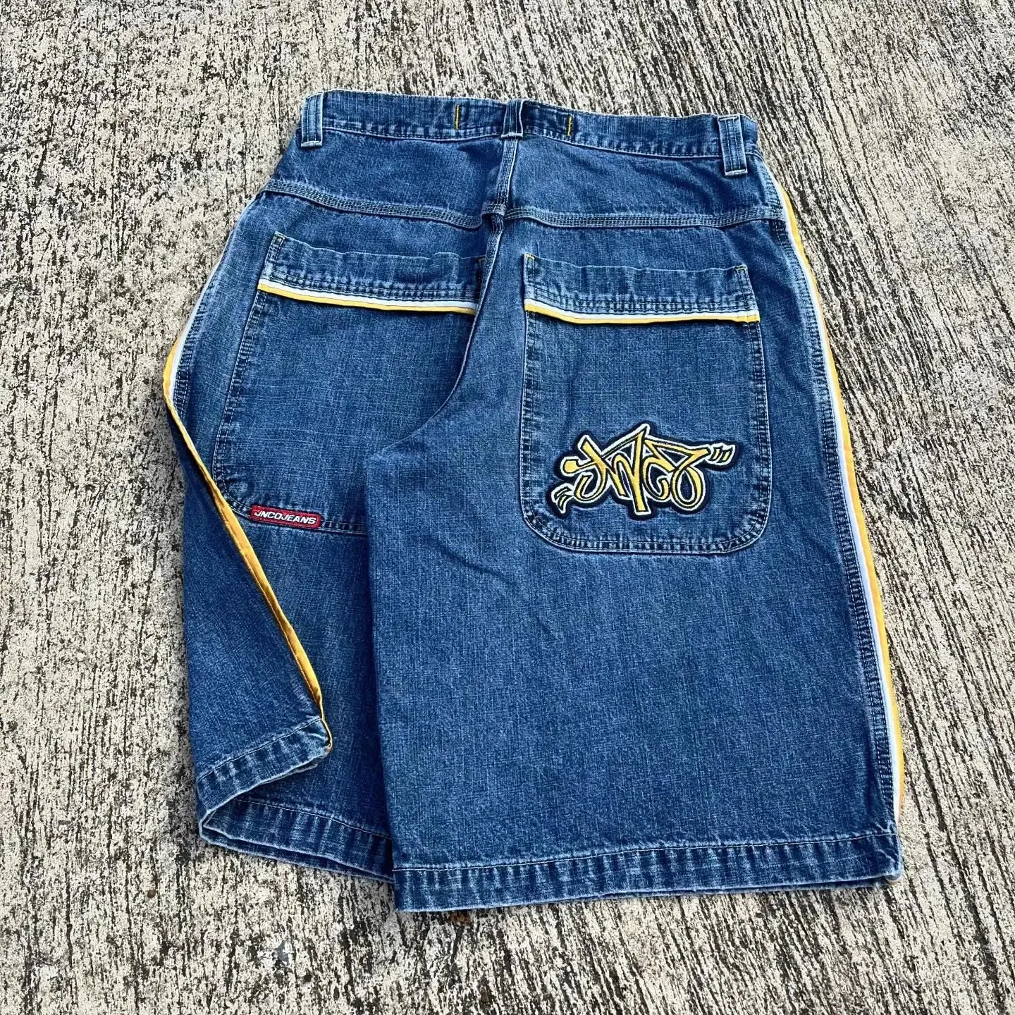 JNCO Mens Embroidered Denim Gym Shorts: Side-Striped