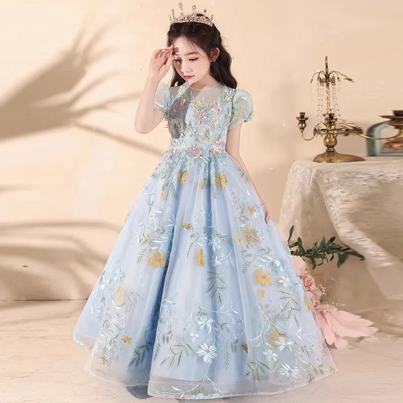 R&W Princess Style Embroidered Lace Sheer Neck Pearl Pageant Dress for Little Girls