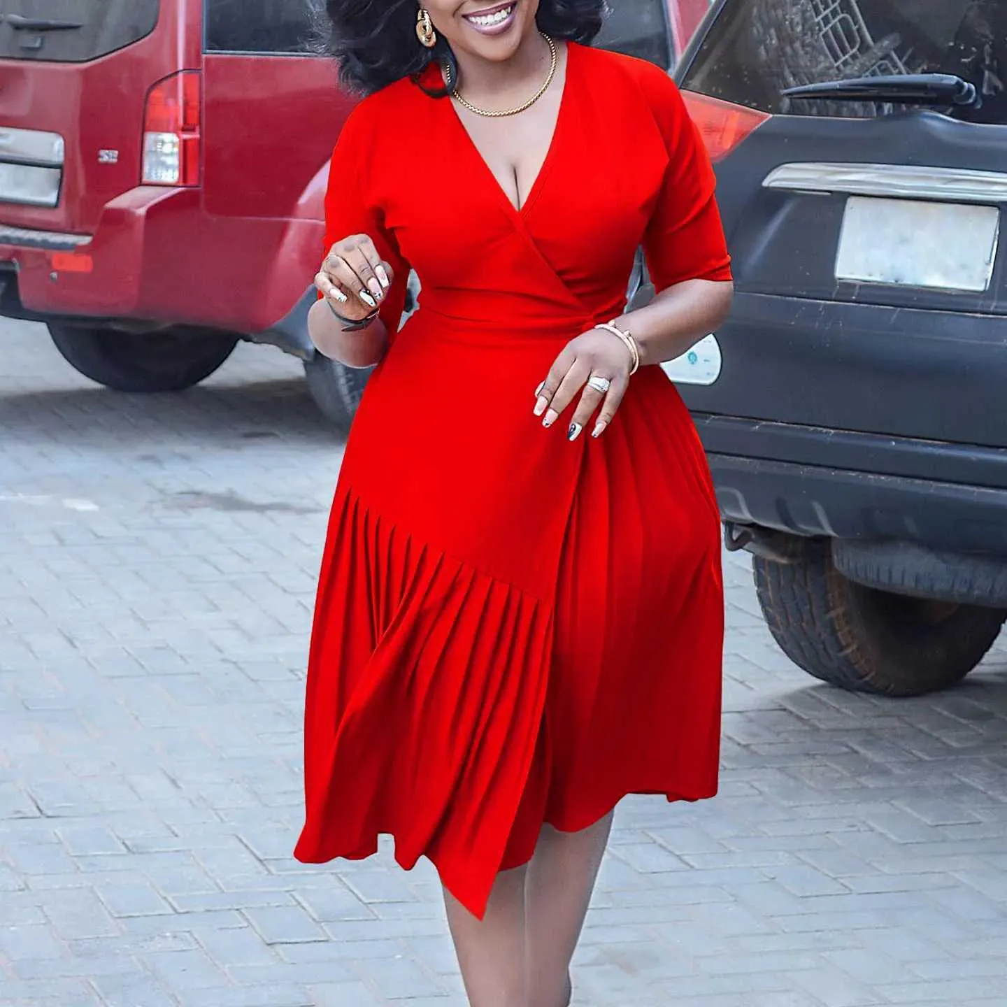 Plus Size A-Line Midi Dress with V-Neck, Empire Waist, Draped Solid Color,  Half Flare Sleeves, Knee-Length Summer Dress for Women from Dhgate Plus  size Dresses - price 13.3