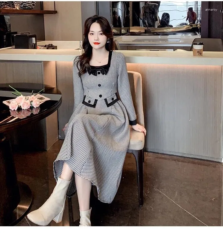 knee length dresses for ladies Houndstooth Mock Neck A-Line Dress Black / XL main image 0