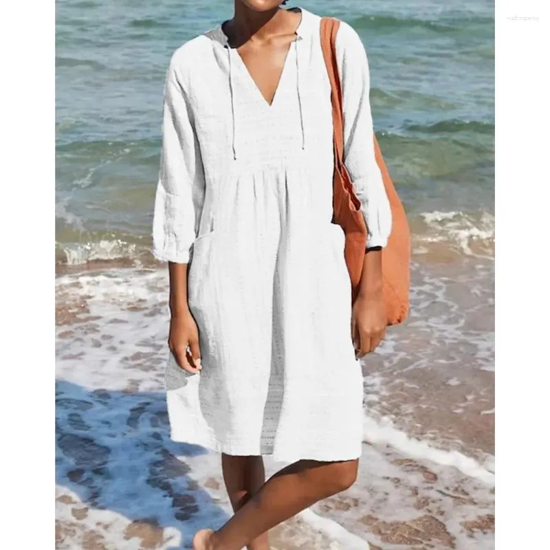 Women's Casual Linen Dress with Drawstring, Half Sleeves, and Big Pockets - Perfect for Spring and Summer Beach Parties
