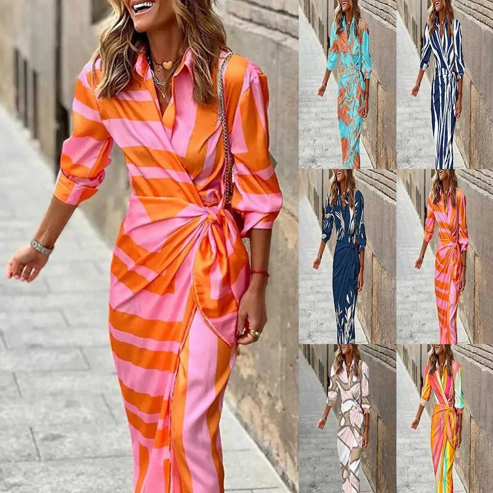 Платья по взлетно-посадочной полосе с длинной Sled с высокой талией V-образным вырезом, сексуальная рубашка стиль, печатное кружевное платье, платье T240518