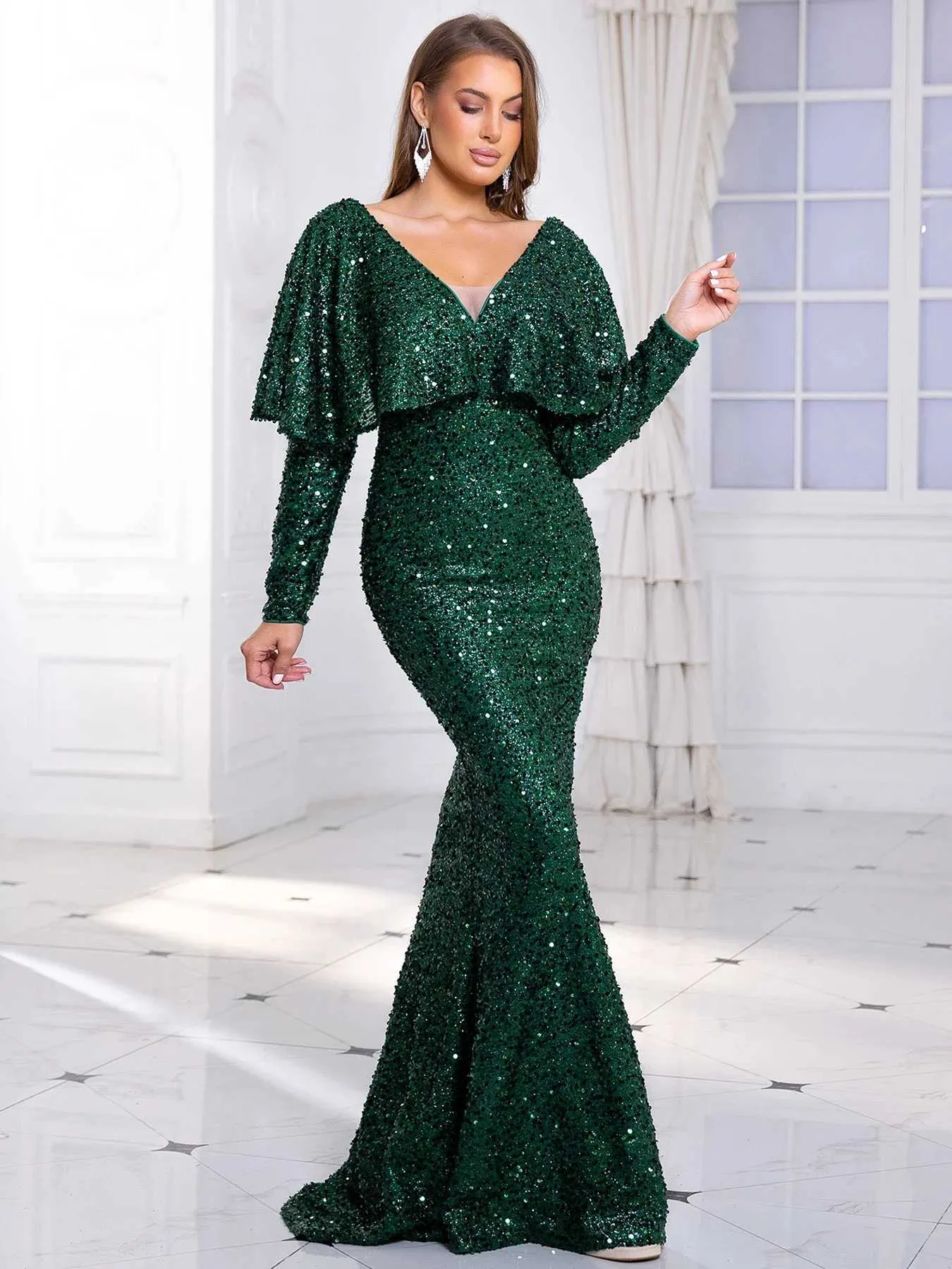 DHgate Sequin Batwing Sleeve V Neck Backless Maxi Dress for Prom Evening Apparel