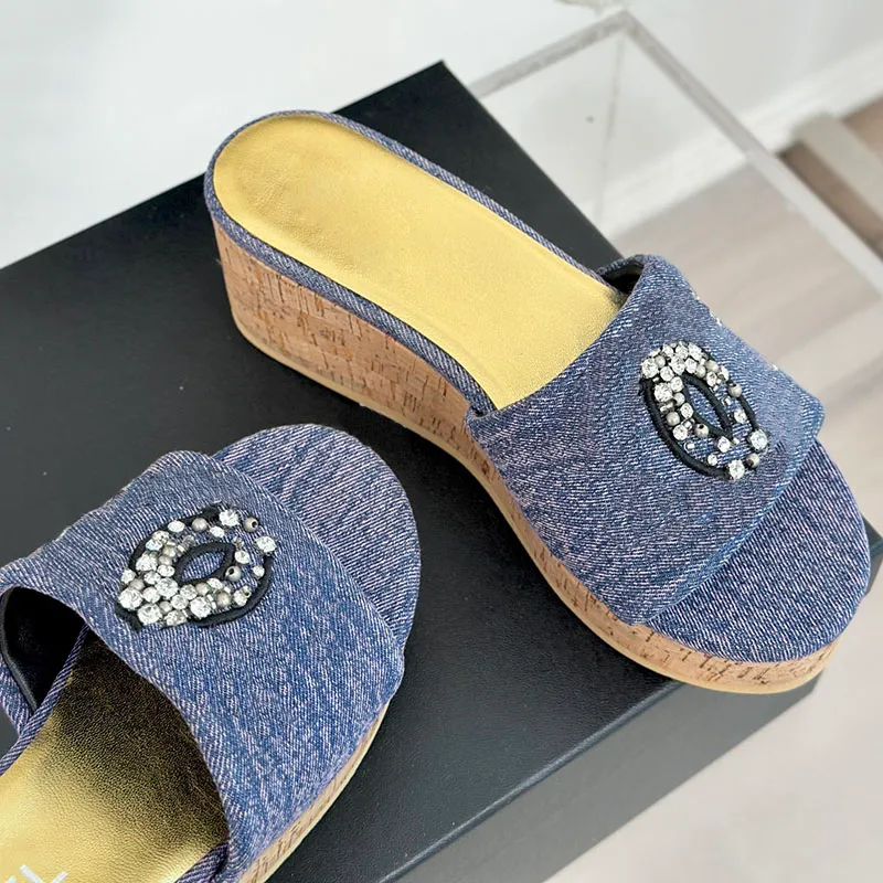 Womens Denim Wedge Platform Heels Sandals Designer Tweed Slippers Slip On Slides Classic Ladies Outdoor Beach Shoes