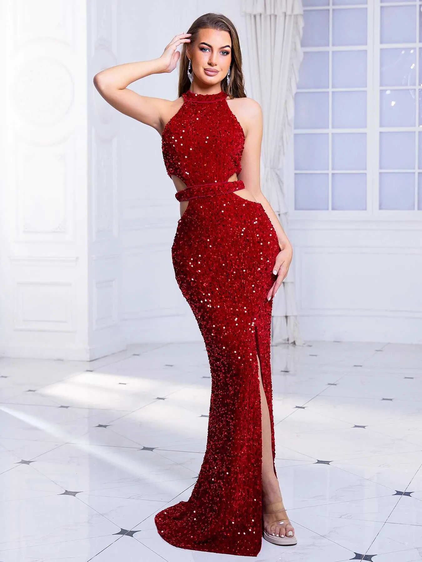 fitted lace wedding dress Alana Crimson Red Tiered Evening Maxi Dress M