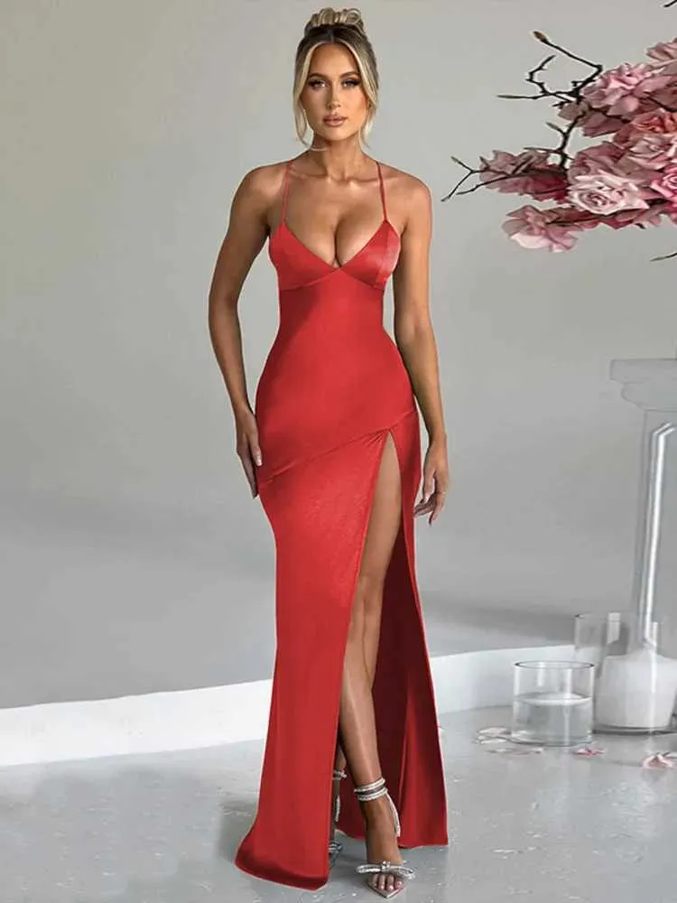 Elegant Sexy Spaghetti Strap Backless Maxi Dress with High Slit for Party,  Club, or Evening