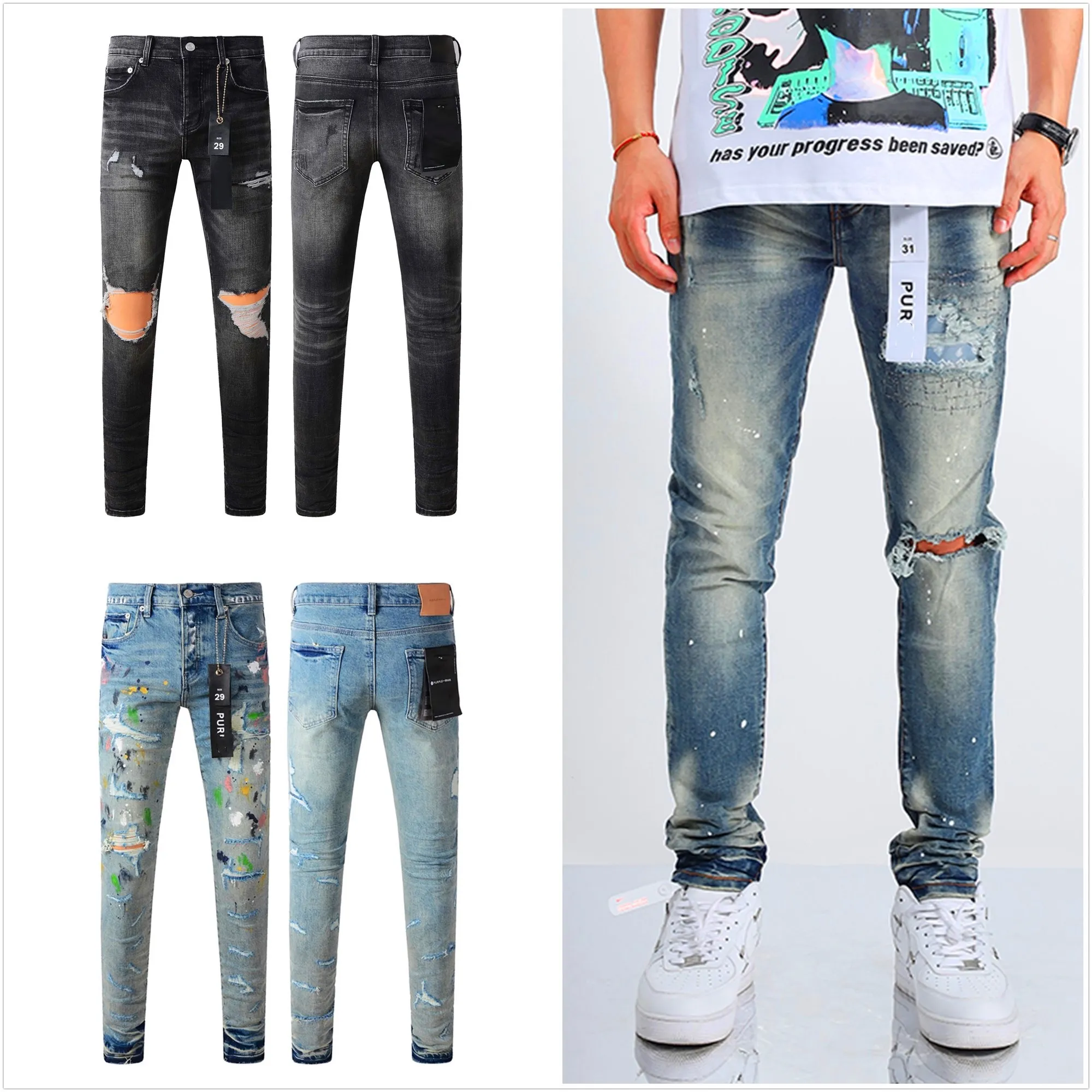 paarse heren jeans designer jeans heren jeans coole stijl luxe ontwerper pant pant distressed gescheurde fietser zwart blauw Jean Slim Fit motorfiets paarse jeans short