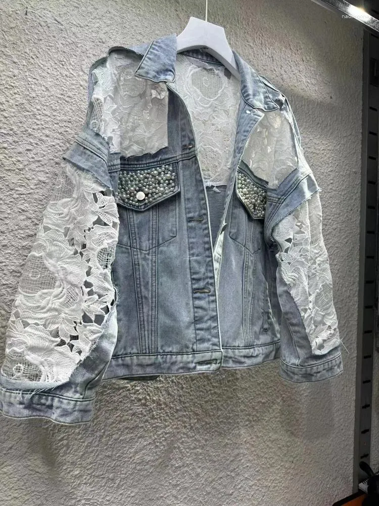 DHgate.com:Mesh Lace Beaded Short Denim Jacket: Spring