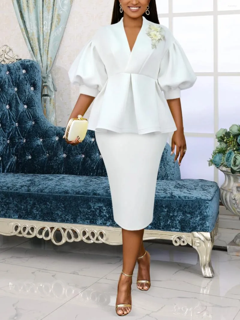 Women s 2 Piece Work Dress Set White Appliques Peplum Top High Waist Pencil Skirt for Office Wedding