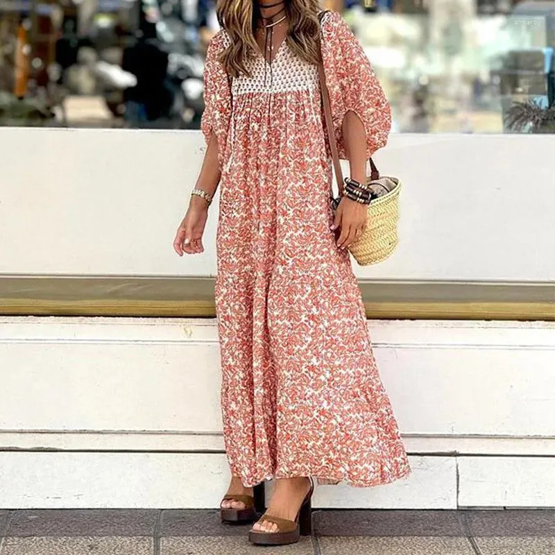 Women's Fashionable Deep V-Neck Maxi Dress with Pattern Print