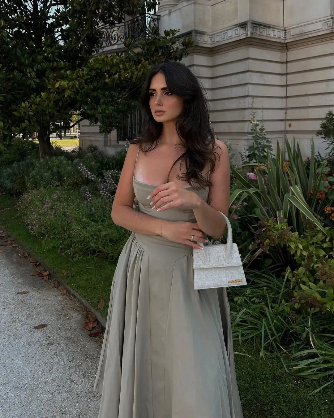 Cottagecore Frill Hem Midi Dress - Cryptographic Sleeveless Pleated Fairy khaki corset top Sundress for Birthday and Holiday (240514)