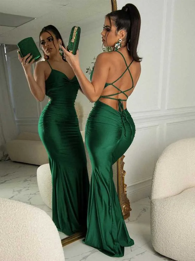 Dulzura Ruched Lace Up Satin Backless Maxi Elegant Bodycon Evening Outfit For Women Perfect For Parties And Summer T240518 From Us juneau 4.33 DHgate.Com